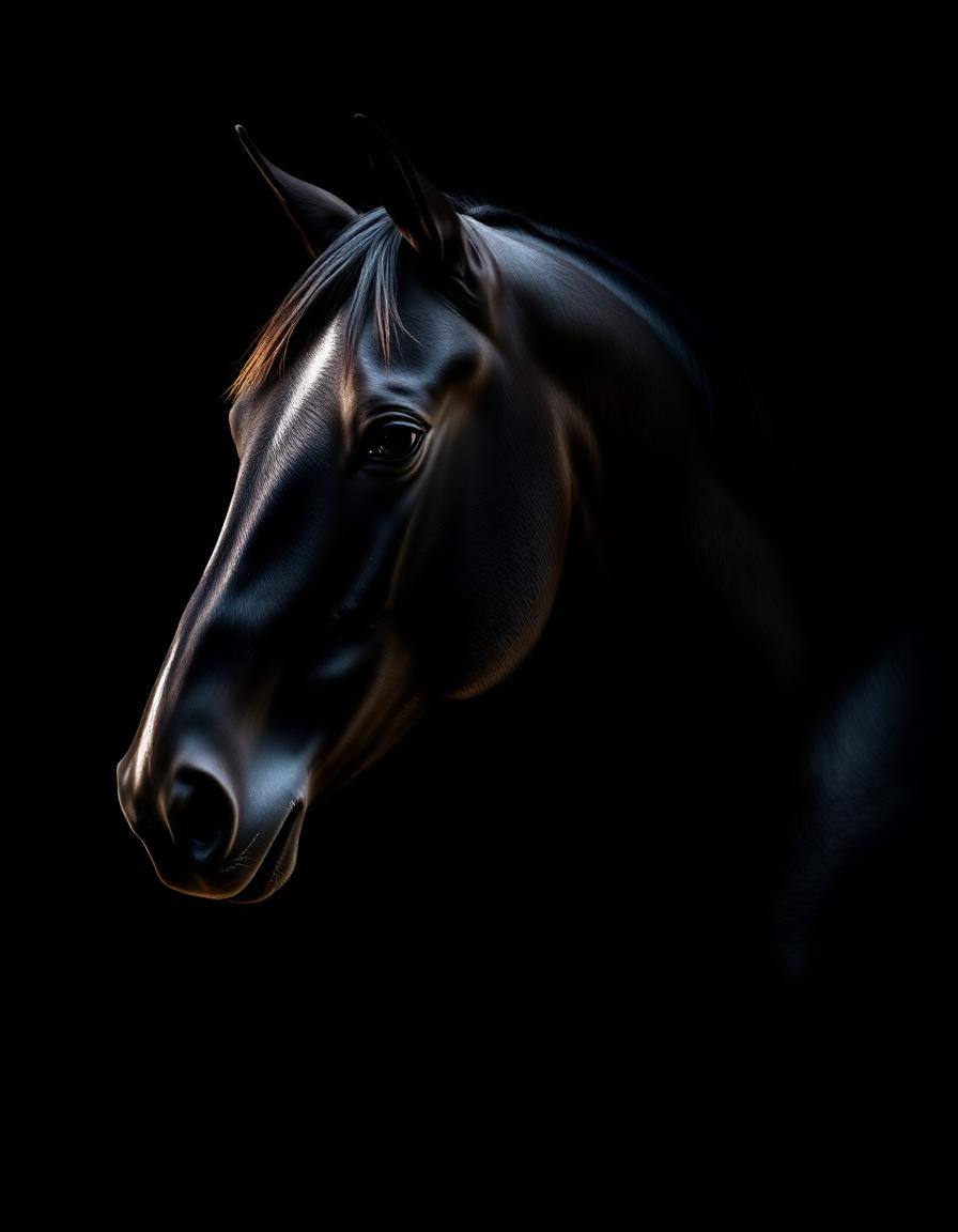 Cavalo Quarto de Milha adulto de pelagem Preto, visto de perfil